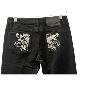 Ed Hardy Embroidered Pockets Black Denim Jeans Size 28 Straight Leg Low Rise